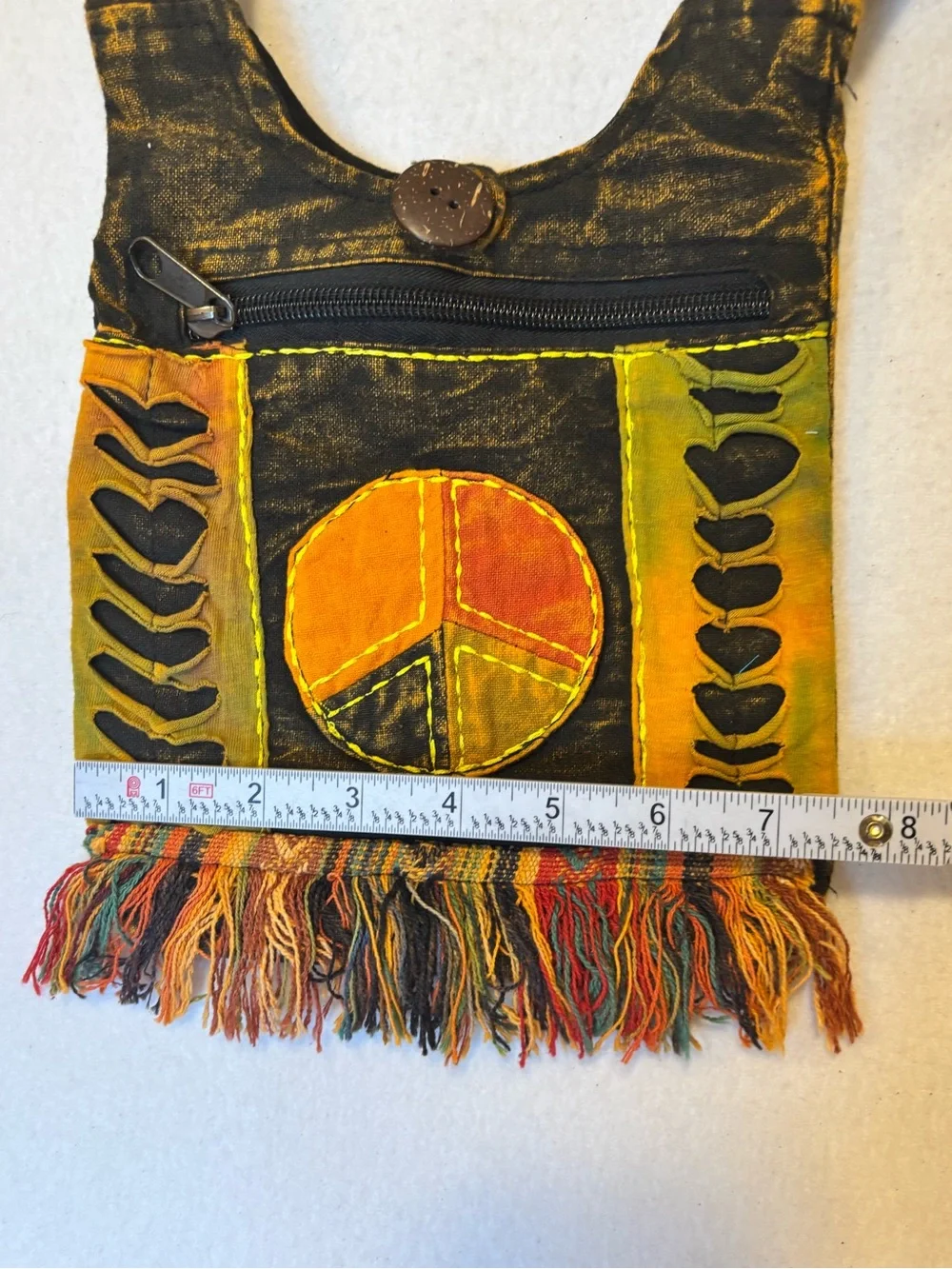 Royal Collection Peace Sign Fringe Crossbody Bag Boho Hippie Festival Cotton